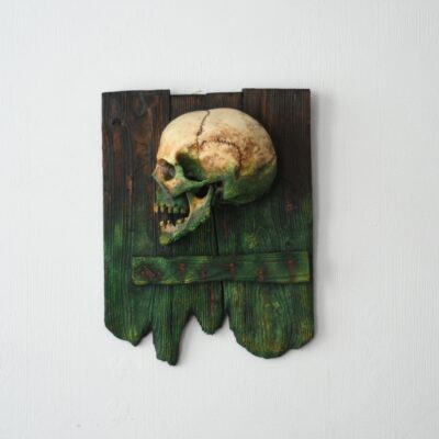 Ludzka czaszka (a w zasadzie pół czaszki ) na drewnianej desce
